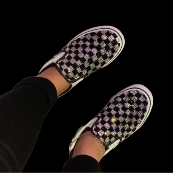 Luxe Crystal Diamond Vans Asher Checkerboard Slip On Vans All Sizes New With Box - Picture 4 of 5